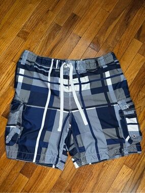Op Navy and White Plaid Swim Trunks